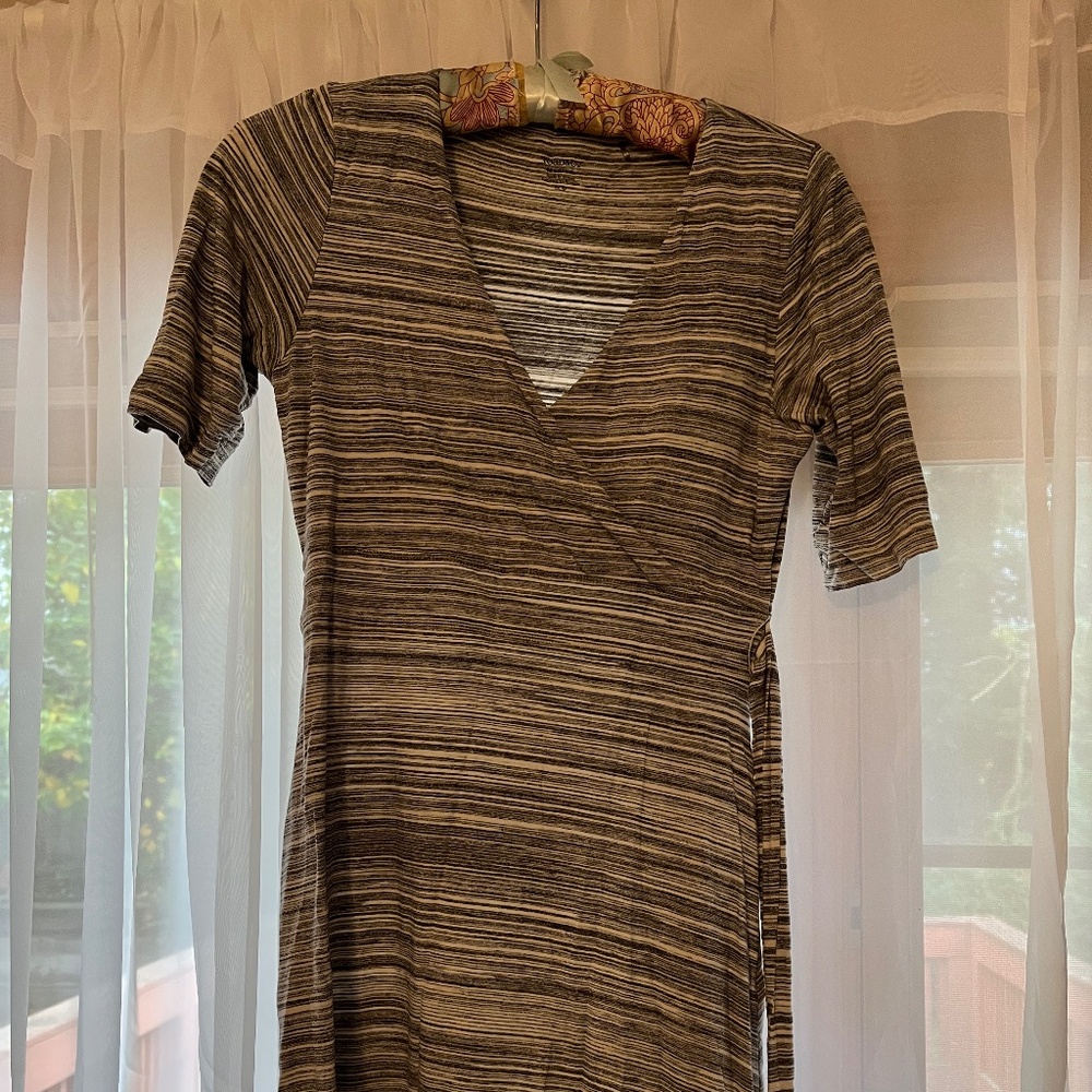 Toad & Co. Faux Wrap Dress in black & cream horizontal stripes